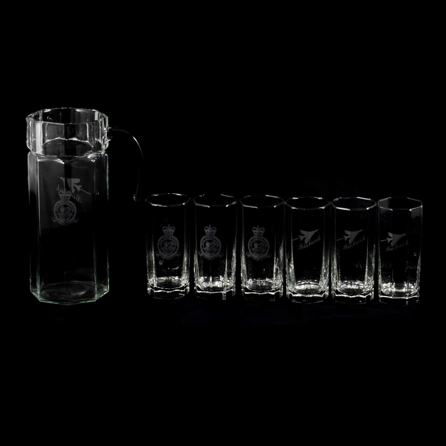 Lot 39 - Military interest - RAF Binbrook glass water carafe / jug and set of six tumblers.