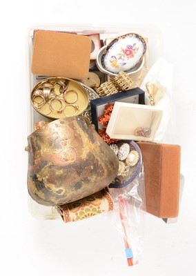 Lot 424 - A collection of vintage trinket boxes, jewellery, Alpine cow bell.