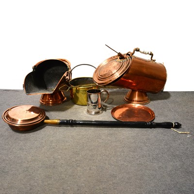 Lot 453 - Metalware, including two copper coal scuttles, brass jam pan etc