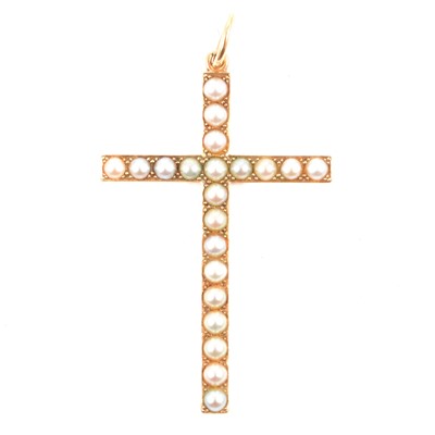 Lot 244 - A large 9 carat gold pearl set cross.