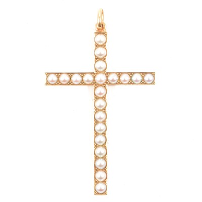 Lot 245 - A large 9 carat gold pearl set cross.