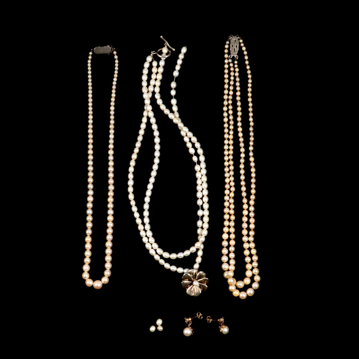 Lot 268 - Three cultured pearl necklaces, pair of pearl earrings.