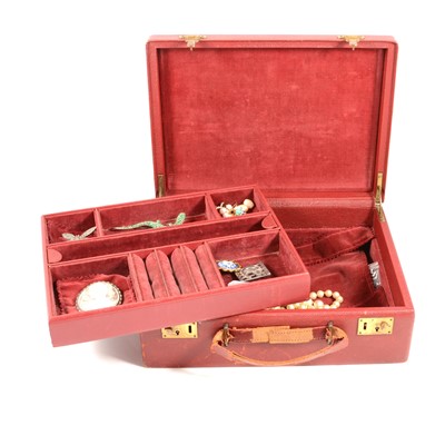 Lot 426 - A burgundy jewel box with costume jewellery, Tissot watch.