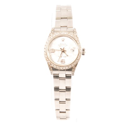 Lot 375 - Rolex - a lady's Oyster Perpetual Datejust wristwatch, custom made after market diamond bezel.