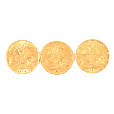 Lot 154 - Three Gold Half Sovereign Coins.