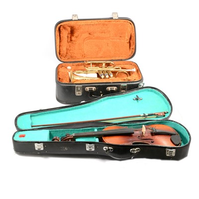 Lot 131 - Three student Violins and a Cornet by Corton, all with cases.