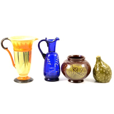 Lot 10A - Bristol blue glass jug, Art Deco style jug, three pieces of studio pottery, and other ceramics.