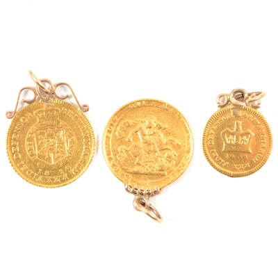 Lot 159 - Three Gold George III Coins with fittings soldered to coins.