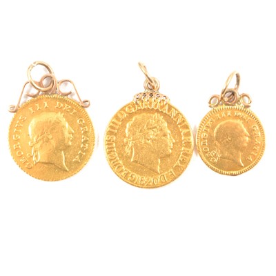 Lot 159 - Three Gold George III Coins with fittings soldered to coins.