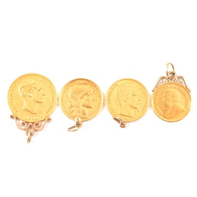 Lot 157 - Four Gold European and South African Coins with fittings soldered to coins.