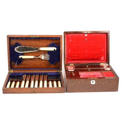 Lot 141 - Part canteen of electroplated cutlery, fish cutlery set and correspondence box.