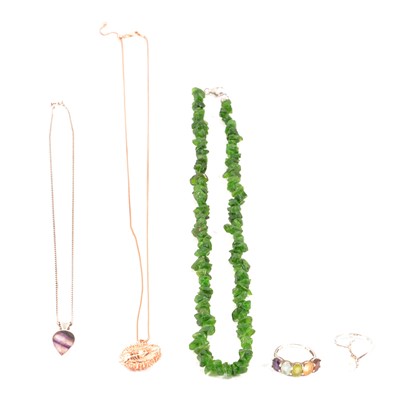 Lot 308 - Two pearl necklaces, three pairs of earrings, Blue John, hedgehog pendant, Russian diopside pendant and chip necklace.