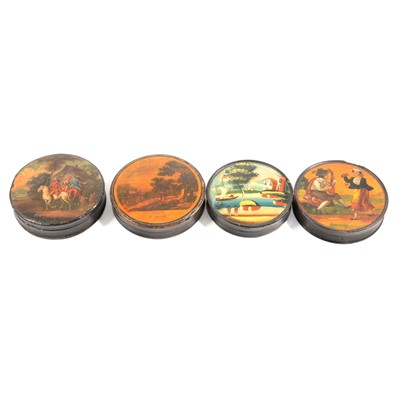 Lot 468 - Four 19th century circular papier mache circular snuff boxes.