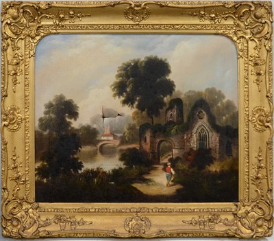 Lot 561 - English school, late 19th century, pair of river landscapes with church and ruins.