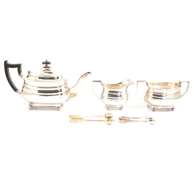 Lot 226 - Three-piece silver teaset, Jay, Richard Attenborough Co Ltd, Sheffield 1939, and plated sugar tongs.