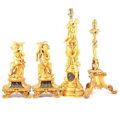 Lot 158 - Pair of gilt metal andirons and two table lamps