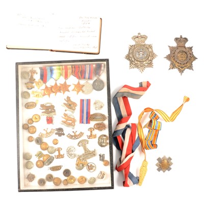 Lot 29 - Group of five medals, including the Atlantic Star; Leicestershire Regiment badges, etc