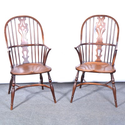 Lot 520 - Pair of modern elm and yew wood Windsor armchairs