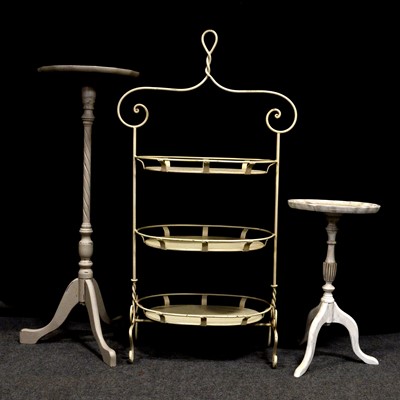 Lot 548 - Two modern painted pedestal tables; and a painted metal three-tier stand