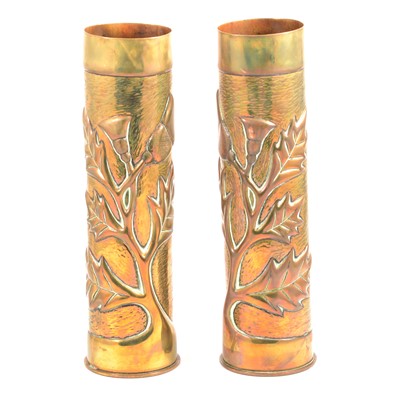 Lot 120 - Pair of WW1 trench art shell vases.