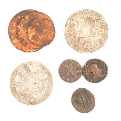 Lot 493 - Charles II and later silver coins, Charles IIII 8 Reales, Roman coins and other coins.