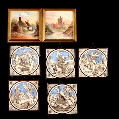Lot 74 - Five Minton tiles by John Moyr Smith, and two hand-painted tiles