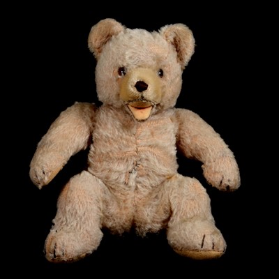 Lot 108 - Vintage teddy bear, glass eyes, open mouth, bent legs, 24cm.