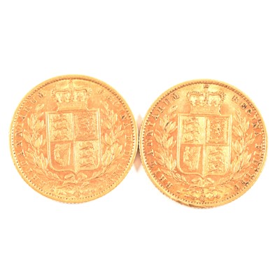 Lot 150 - Two Gold Full Sovereign Coins, Victoria Young Head, Shield Back.