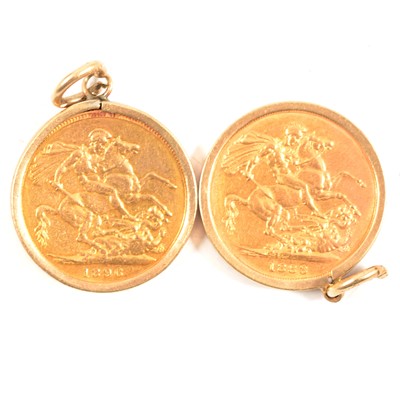 Lot 145 - Two Gold Full Sovereign Coins in pendant mounts.