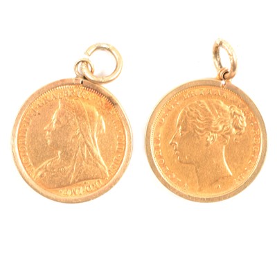 Lot 145 - Two Gold Full Sovereign Coins in pendant mounts.