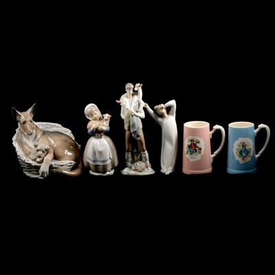 Lot 20 - Three Lladro figures, a Nao figure, and two Bass tankards