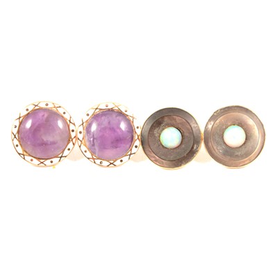 Lot 315 - A pair of amethyst and enamel earrings and a pair of opal earrings.