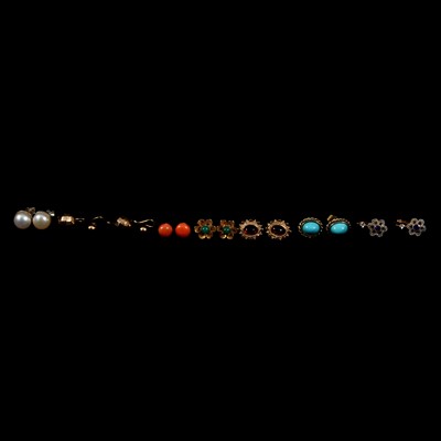 Lot 170 - Eight pairs of gold and gemstone earrings for pierced ears.