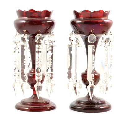 Lot 54 - Pair of ruby glass lustres with prisms, and a Chinese agate ornamental tree