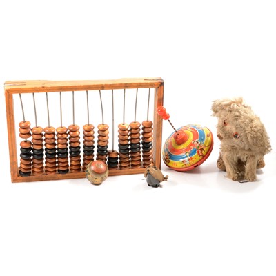 Lot 149 - Toys and games, including Zoetrope slides; abacus; spinning tops; plush dog toy etc.