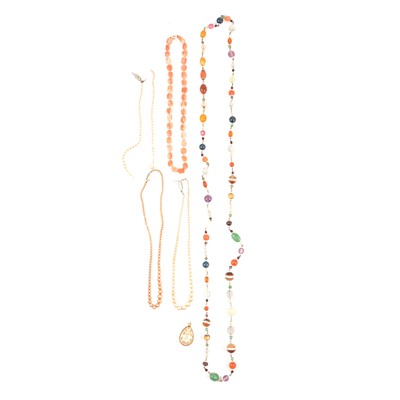 Lot 313 - A carved coral necklace, gemstone bead necklace, simulated pearls and pendant.