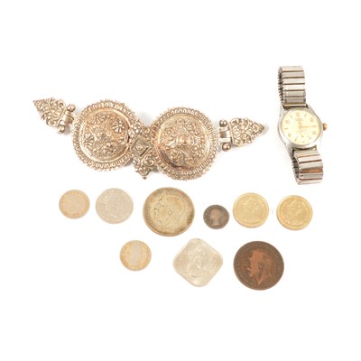 Lot 473 - Two wristwatches, pre-decimal and commemorative coins, white metal nurses buckle and badges.