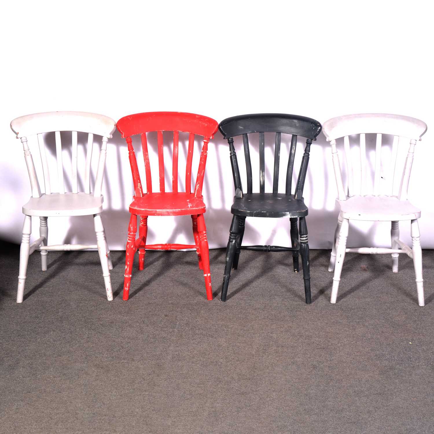 Lot 490 Set of eight painted pine kitchen chairs,