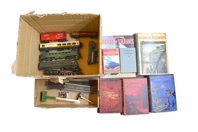 Lot 169 - Small selection of OO gauge model railway locomotives, coaches and track, and a selection of books