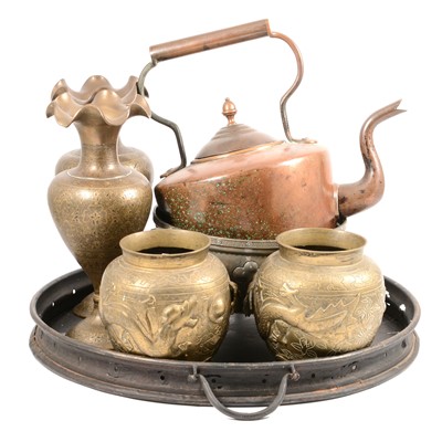 Lot 122 - Copper kettle, pair of Chinese brass vases.