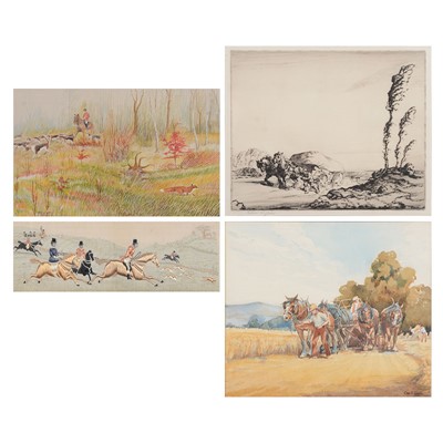 Lot 414 - Four assorted artworks, hunting and work horse related