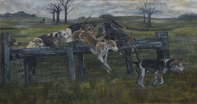 Lot 319 - Jean Terry, Hounds in pursuit jumping a fence.