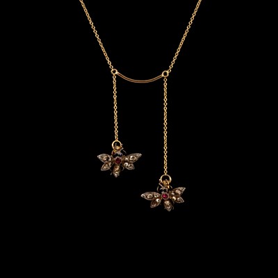 Lot 230 - A negligee necklace with two diamond set bee drops.