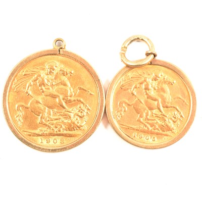 Lot 146 - A Gold Full Sovereign Coin and Half Sovereign in pendant mounts.