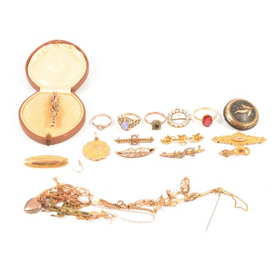 Lot 247 - A group of gold and yellow metal jewellery, pique brooch, condition varies.