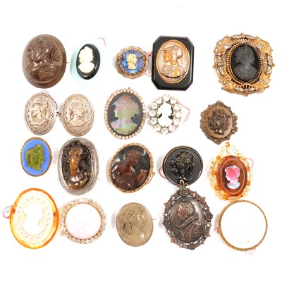 Lot 414 - Twenty cameo style costume jewellery brooches and clip, various materials.