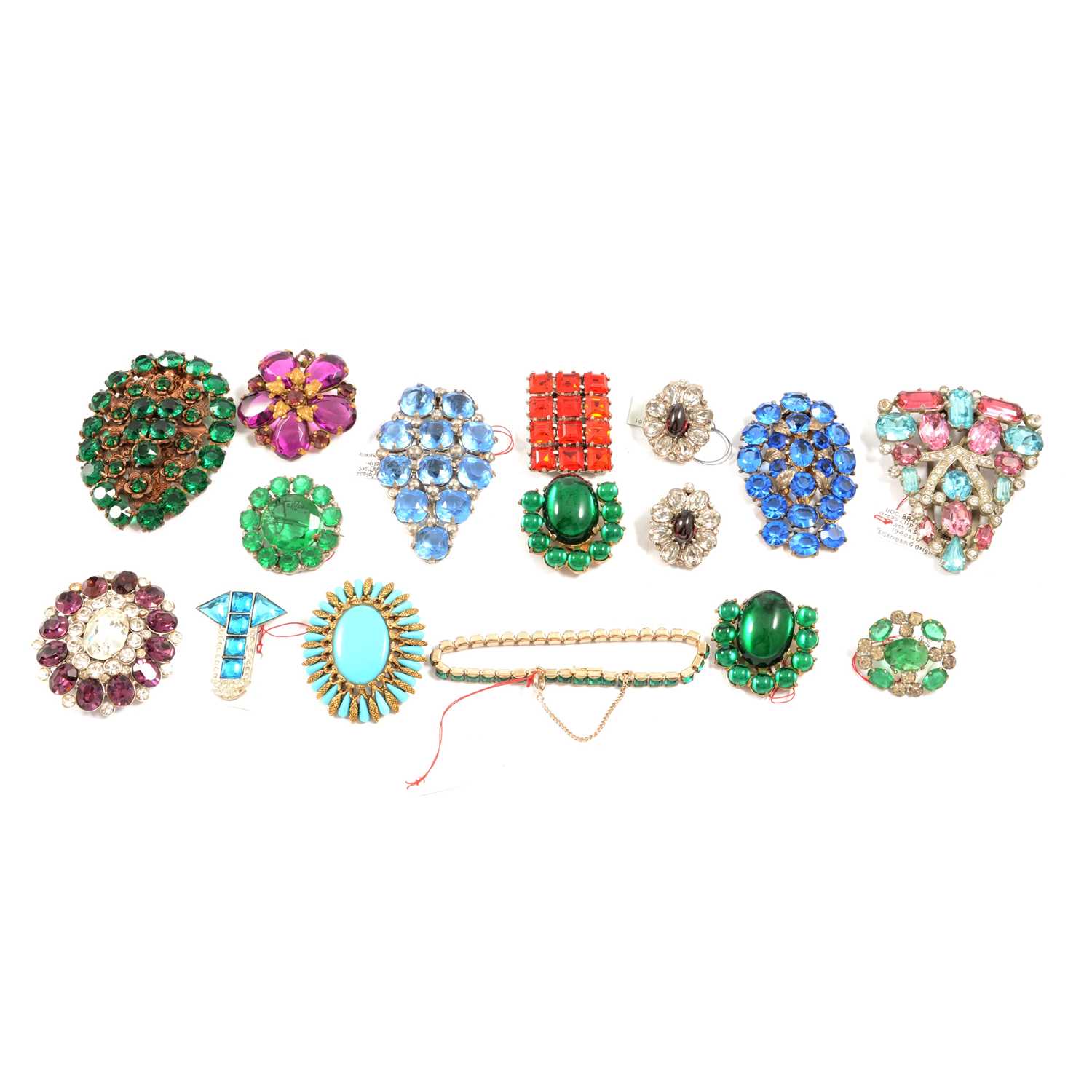 Lot 422 - Sixteen pieces of bold vintage costume jewellery set with coloured paste gems.
