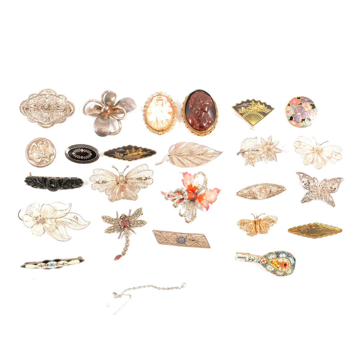 Lot 437 - Twenty-four silver filigree and costume jewellery brooches.
