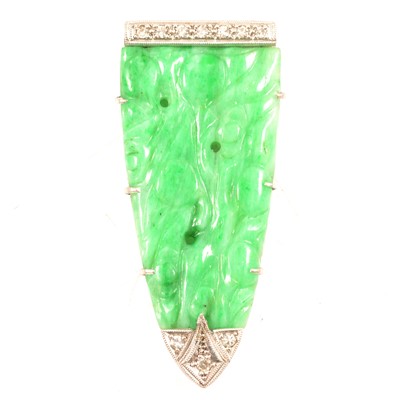 Lot 266 - An Art Deco jade and diamond single dress clip.
