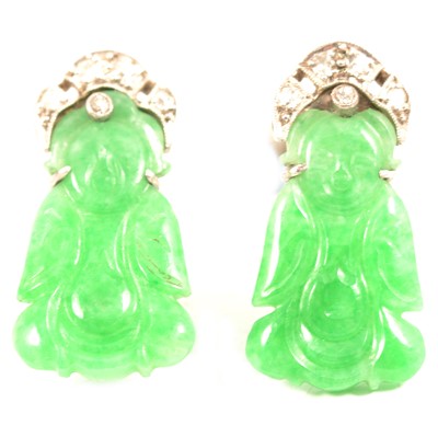 Lot 168 - A pair of jade and diamond earscrews.